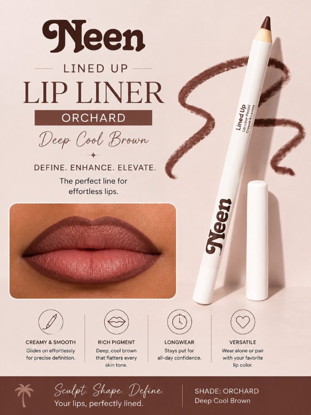 Neen Lined Up Lip Liner Orchard Deep Cool Brown Matte Lip Pencil New